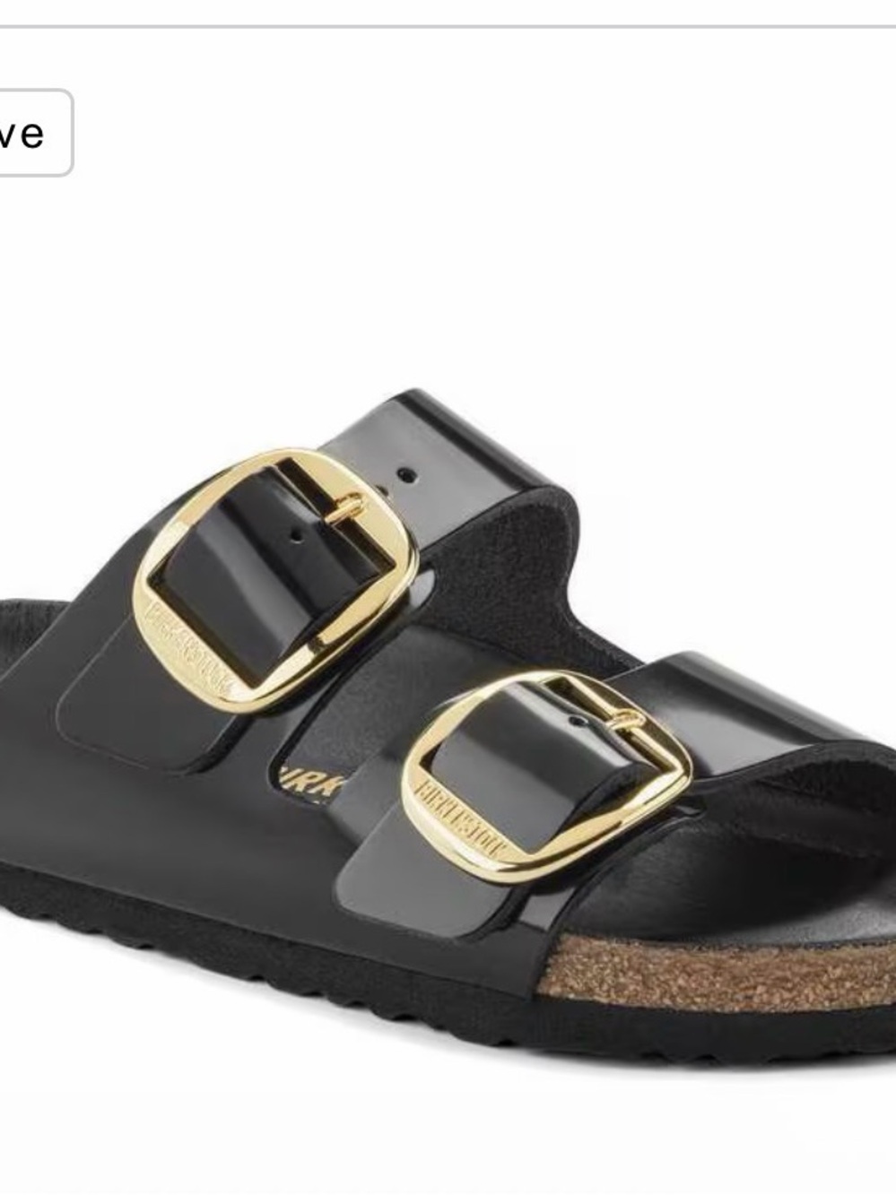 Birkenstock Arizona Patent Black Sandals with Gold Buckles
